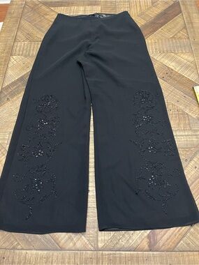 Sandra Darren Black Beaded Chiffon Wide-Leg Evening Palazzo Pants - Size 10